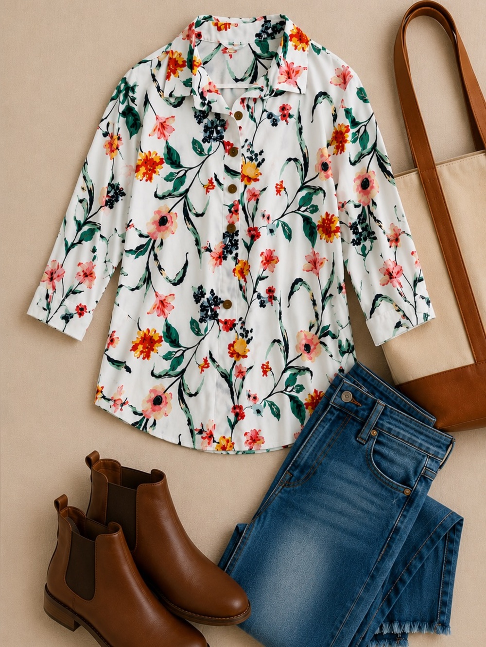 Elsie & Zoey Floral Tunic Popover  Blouse White 3/4 Sleeve Side Pockets Large